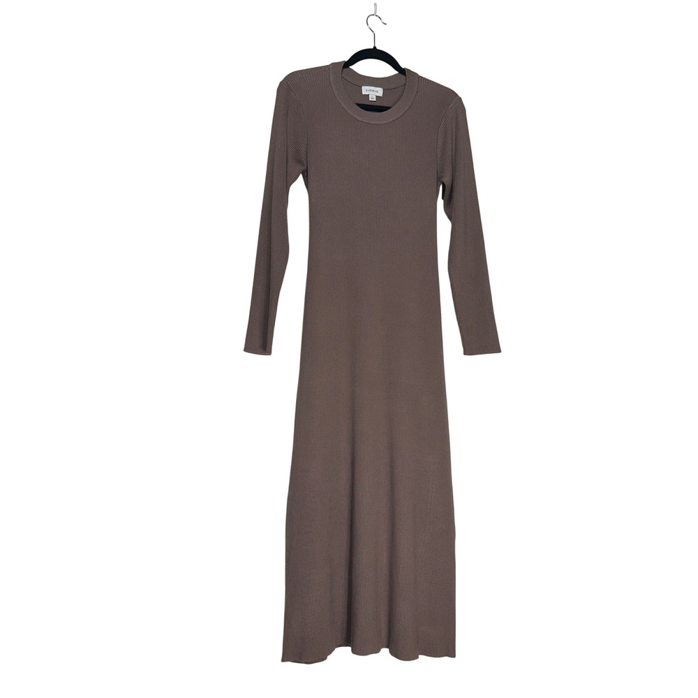 Evereve Brown Ribbed Knit Tie Back Dress Long Sleeve Crew Neck Women's Sz Large‎